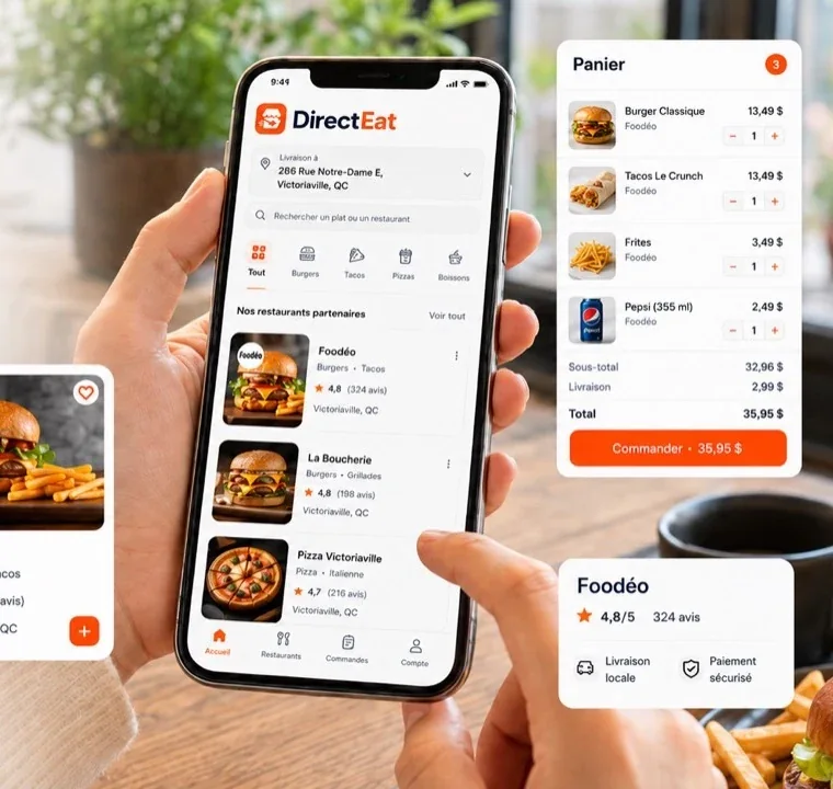 Interface de commande DirectEat affichée sur mobile