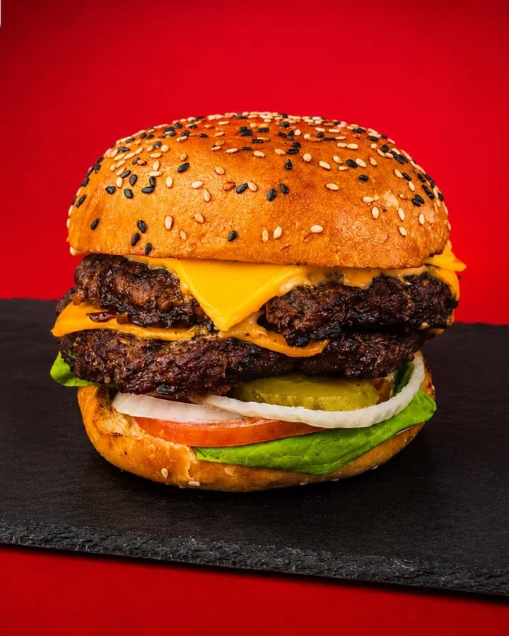 Le burger signature Foodéo sur son fond rouge