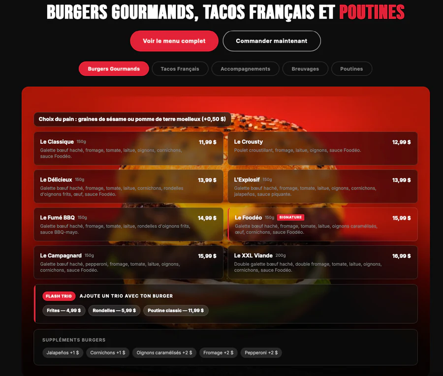 Aperçu du menu Foodéo avec les catégories, les burgers, les prix et les options.