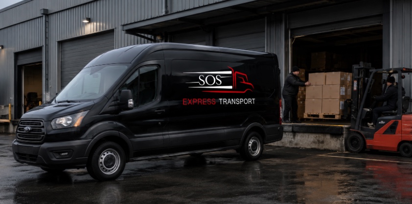 Camionnette SOS Express Transport devant un quai de chargement.
