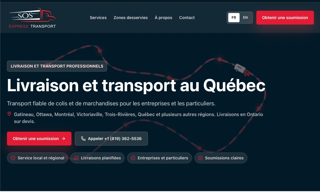 Capture réelle du site SOS Express Transport